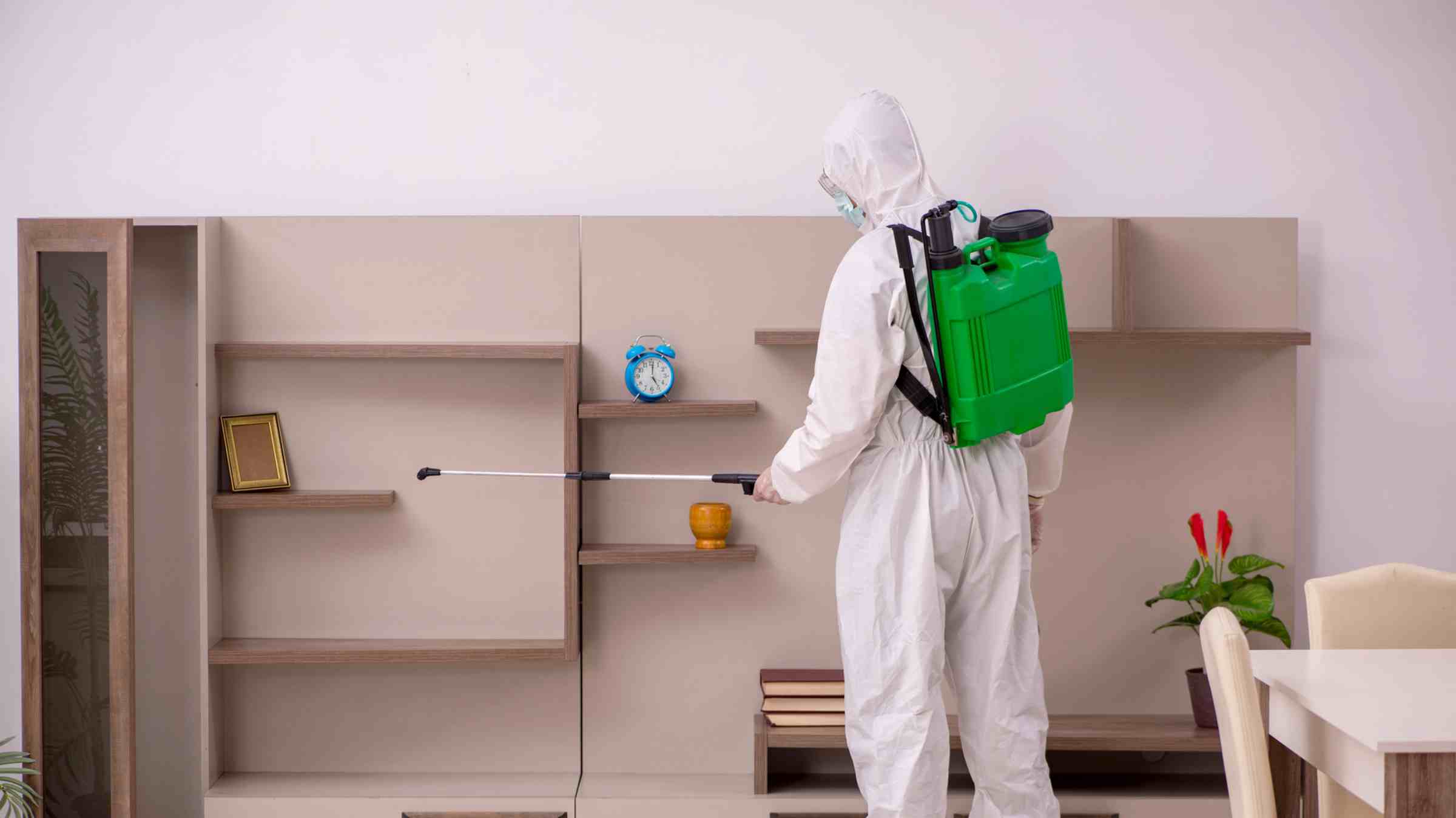 Pesticon technician treating shelving and fixtures inside a Langley commercial interior