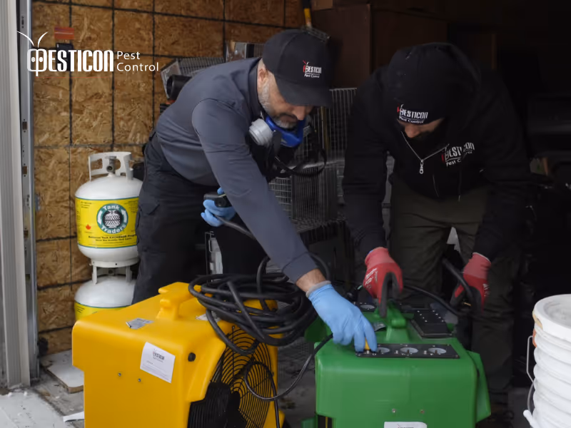 Pesticon technicians setting up bed bug heat treatment equipment in Vancouver