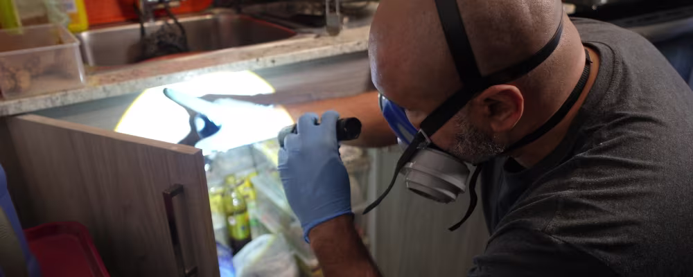 Pesticon technician inspecting a Vancouver kitchen for cockroaches