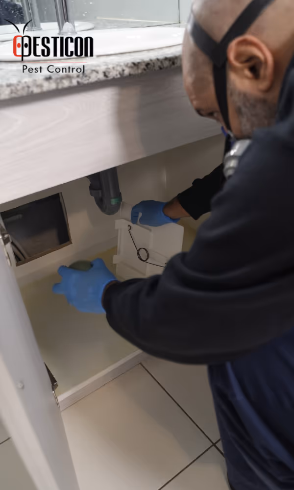 Pesticon technician placing a secure bait station under a sink as part of professional mice control in Vancouver