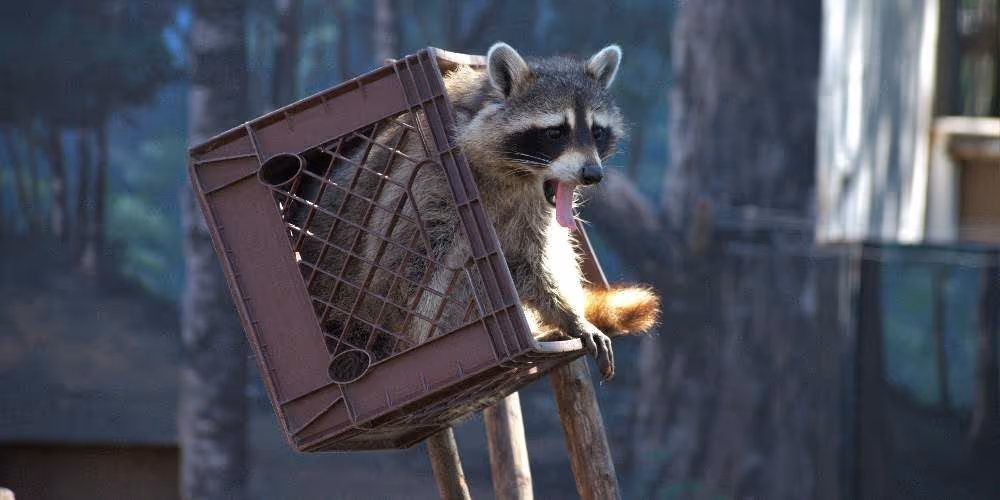 Raccoon trapped in crate – Pest Control Coquitlam wildlife removal by Pesticon