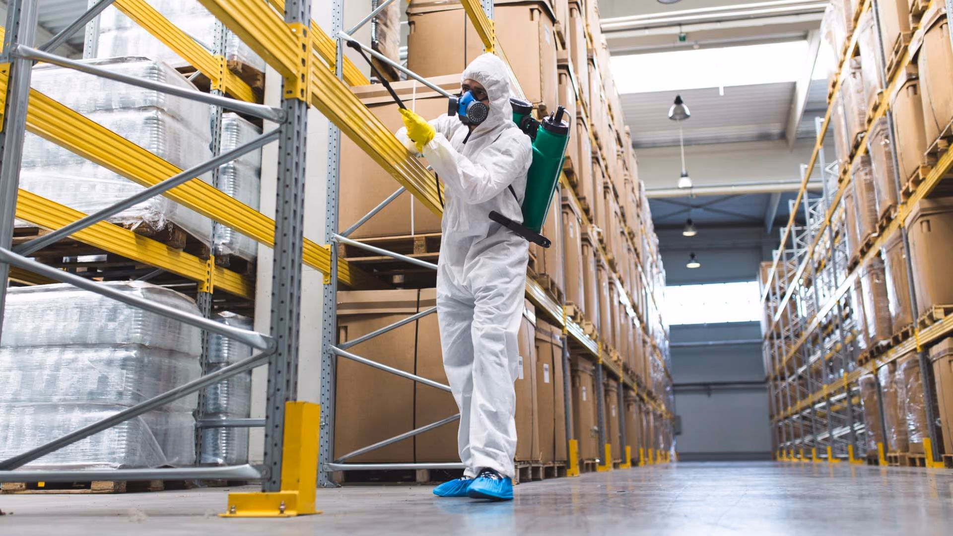 Commercial pest control specialist treating a Langley warehouse