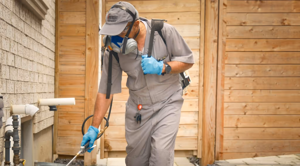 Pesticon technician treating the base of a fence in Richmond